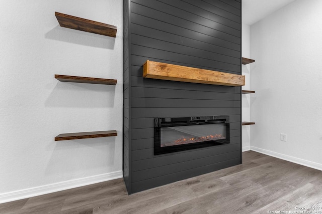 room details featuring a fireplace and hardwood / wood-style floors