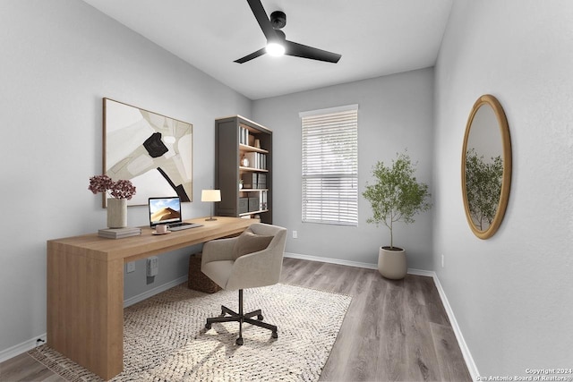 office space with light hardwood / wood-style floors and ceiling fan