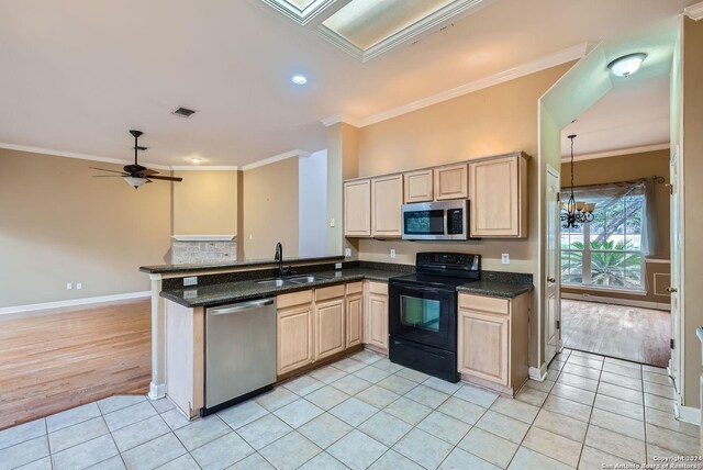 kitchen featuring kitchen peninsula, sink, light hardwood / wood-style floors, and appliances with stainless steel finishes