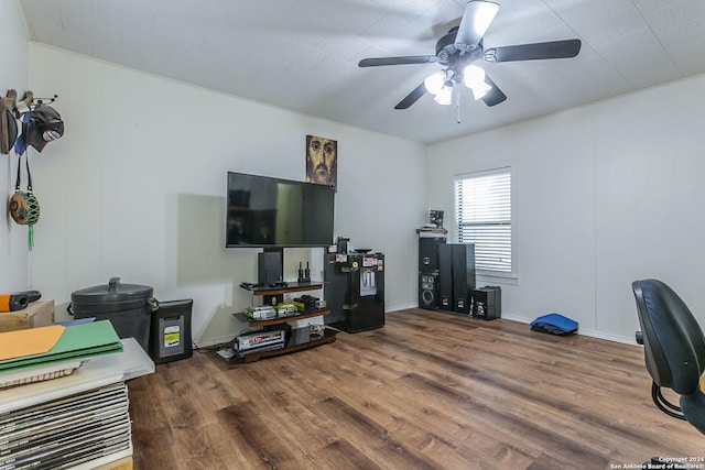 office space with hardwood / wood-style floors and ceiling fan