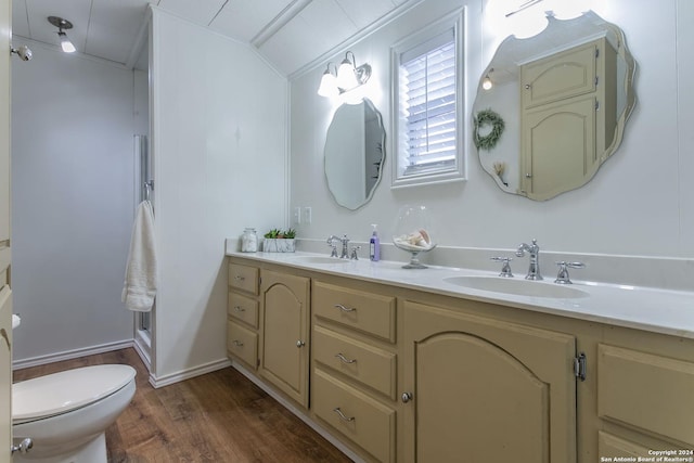 bathroom with hardwood / wood-style floors, vanity, toilet, and vaulted ceiling