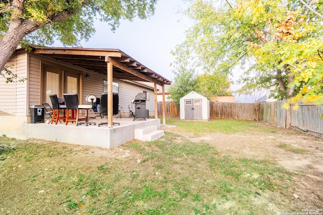 view of yard featuring a patio and a shed