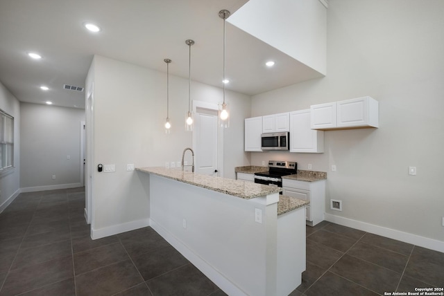 kitchen with hanging light fixtures, light stone countertops, appliances with stainless steel finishes, white cabinetry, and kitchen peninsula