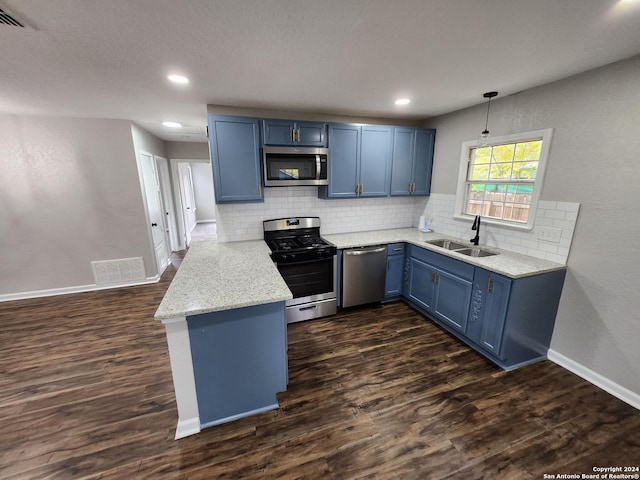 kitchen with sink, appliances with stainless steel finishes, decorative light fixtures, decorative backsplash, and dark wood-type flooring