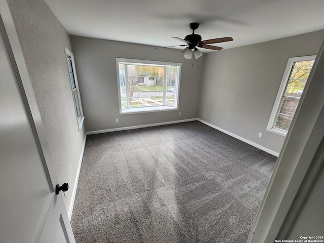 interior space featuring ceiling fan, carpet flooring, and multiple windows