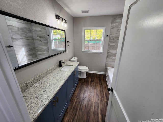 bathroom with toilet, vanity, and hardwood / wood-style floors