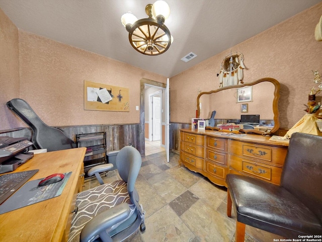 home office with vaulted ceiling