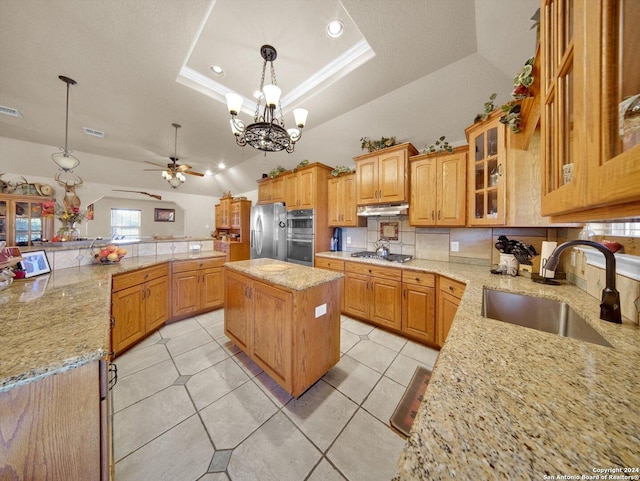 kitchen with a center island, ceiling fan with notable chandelier, sink, hanging light fixtures, and appliances with stainless steel finishes