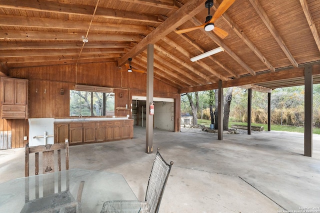 miscellaneous room featuring ceiling fan, wooden walls, sink, beam ceiling, and high vaulted ceiling