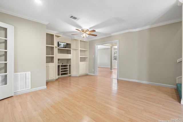 unfurnished living room featuring light wood-type flooring, ceiling fan, and crown molding