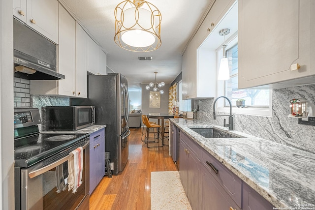 kitchen with white cabinetry, sink, stainless steel appliances, backsplash, and pendant lighting