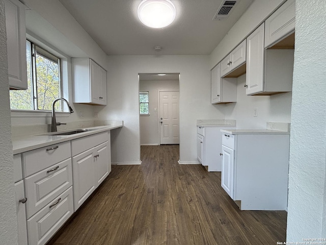 kitchen with sink, white cabinets, and dark hardwood / wood-style flooring