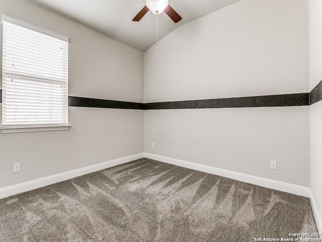 unfurnished room with carpet floors, ceiling fan, and lofted ceiling