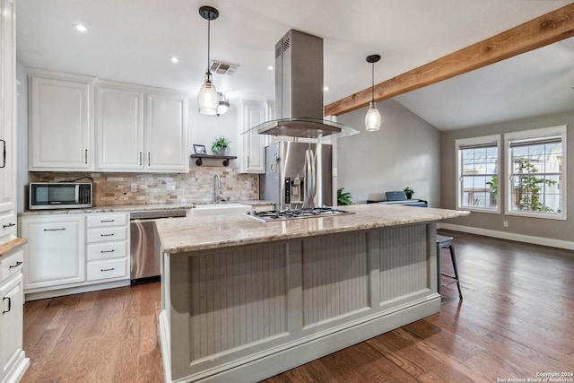 kitchen with white cabinetry, island range hood, an island with sink, and appliances with stainless steel finishes