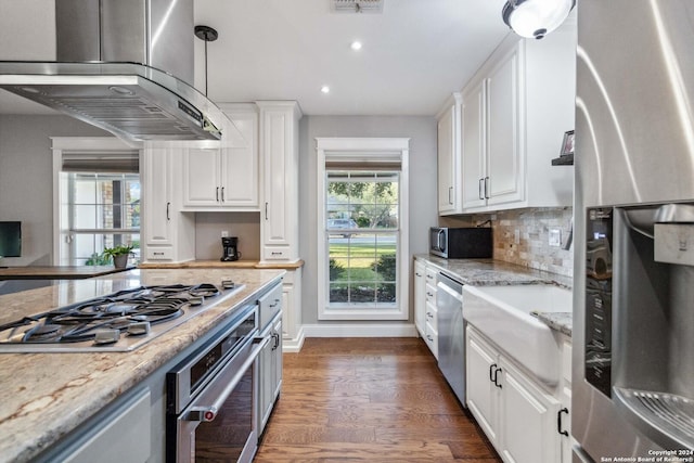 kitchen featuring white cabinetry, stainless steel appliances, decorative light fixtures, and ventilation hood