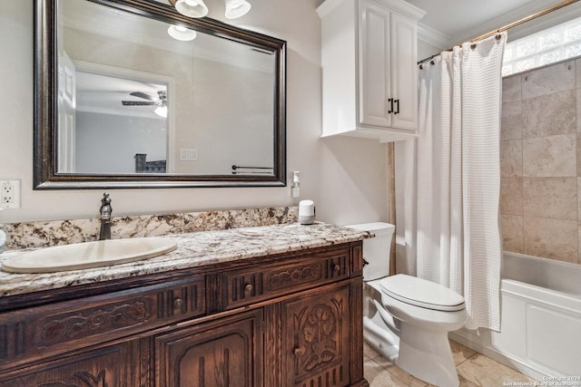 full bathroom with vanity, shower / tub combo with curtain, ceiling fan, and crown molding