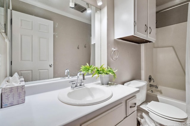 full bathroom featuring shower / tub combination, crown molding, vanity, and toilet