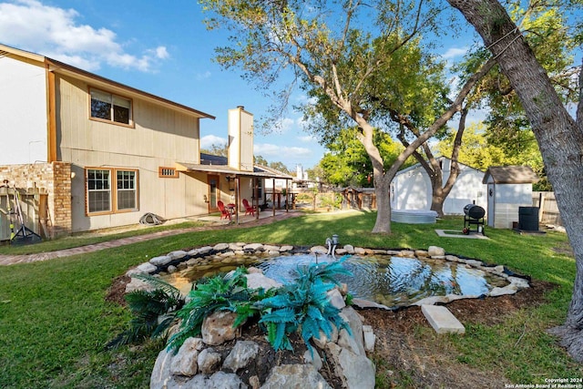 view of yard with a patio and a storage shed