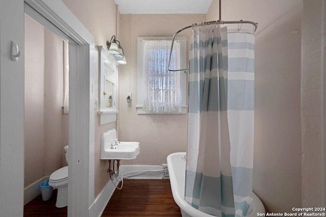 bathroom with walk in shower, wood-type flooring, and toilet