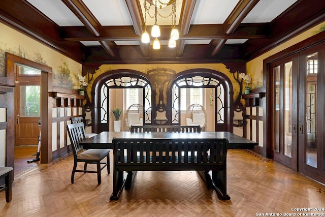 misc room with coffered ceiling, a chandelier, parquet floors, and french doors