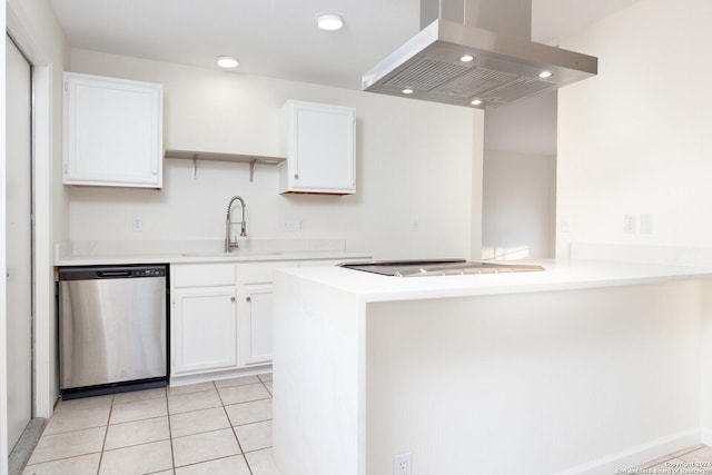 kitchen with white cabinets, sink, stainless steel dishwasher, island range hood, and kitchen peninsula