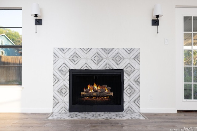 details featuring wood-type flooring and a fireplace