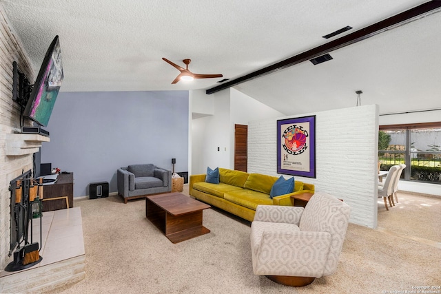 carpeted living room with vaulted ceiling with beams, ceiling fan, and a textured ceiling