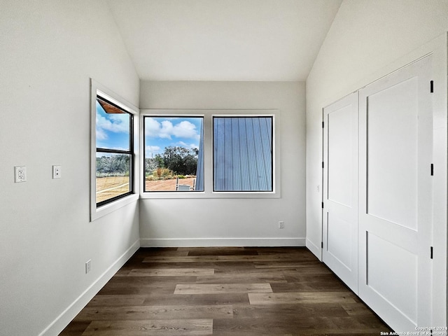 unfurnished bedroom featuring dark hardwood / wood-style flooring and vaulted ceiling