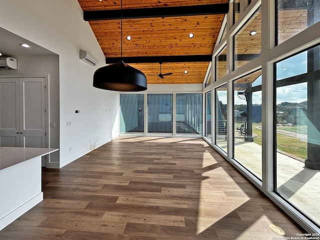 hallway with wooden ceiling, beamed ceiling, high vaulted ceiling, dark hardwood / wood-style floors, and a wall mounted AC