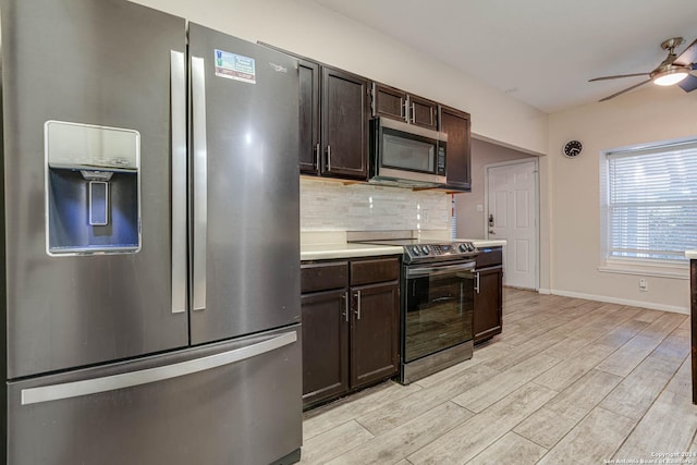 kitchen with appliances with stainless steel finishes, light wood-type flooring, tasteful backsplash, dark brown cabinetry, and ceiling fan