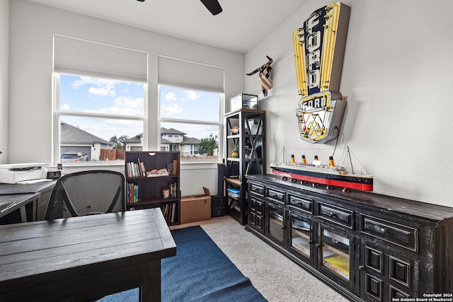 carpeted office with ceiling fan and a wealth of natural light