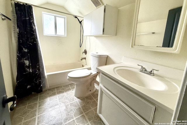 full bathroom featuring shower / bath combination with curtain, vanity, toilet, and vaulted ceiling