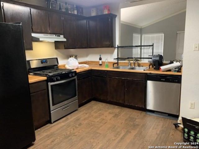 kitchen featuring dark brown cabinetry, sink, light hardwood / wood-style floors, lofted ceiling, and appliances with stainless steel finishes