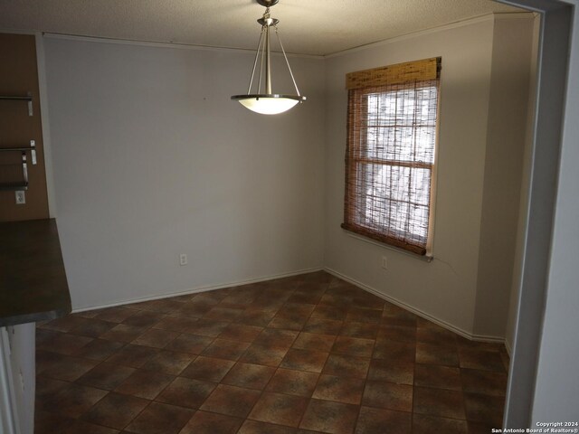 unfurnished dining area featuring crown molding and a textured ceiling