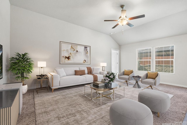 living room with light carpet, ceiling fan, and vaulted ceiling