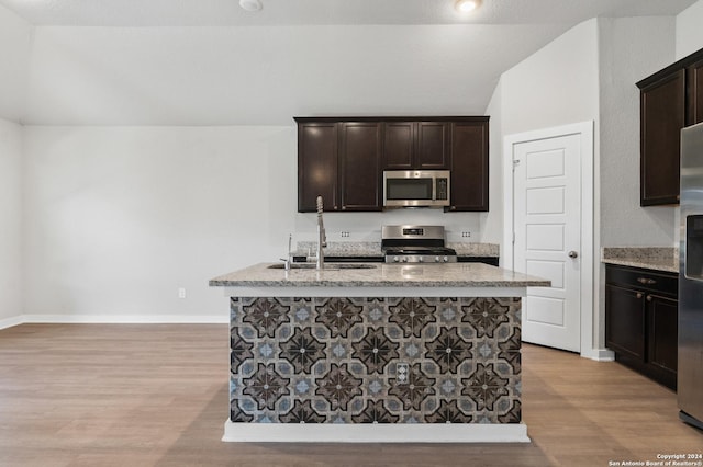 kitchen featuring sink, an island with sink, light hardwood / wood-style flooring, and appliances with stainless steel finishes