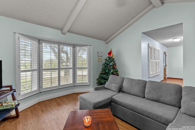 living room featuring wood-type flooring, lofted ceiling with beams, and a wealth of natural light