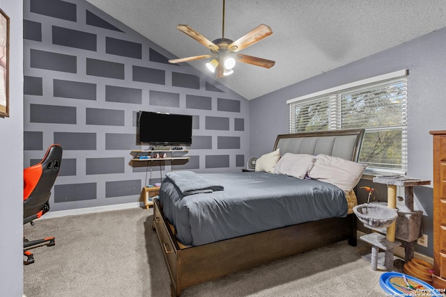 bedroom featuring a textured ceiling, vaulted ceiling, and ceiling fan