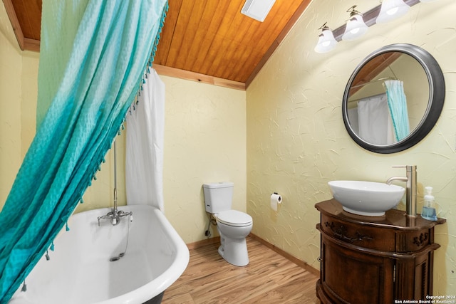 bathroom with lofted ceiling with skylight, a bath, toilet, wood-type flooring, and wood ceiling