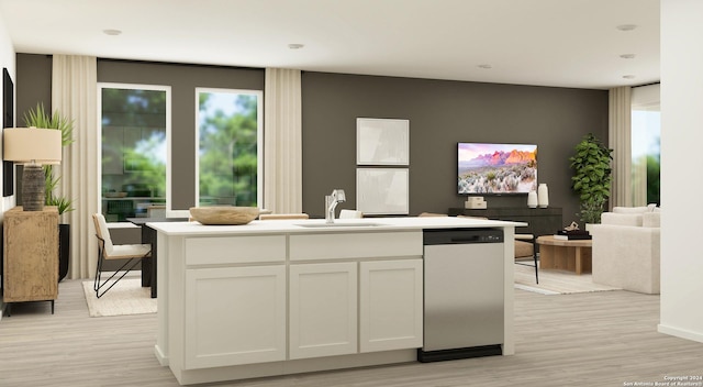 kitchen with stainless steel dishwasher, sink, light hardwood / wood-style floors, white cabinetry, and an island with sink