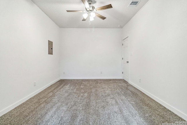 1206 W Hein Rd, San Antonio, TX 78220 - carpeted empty room with visible vents, electric panel, baseboards, and ceiling fan