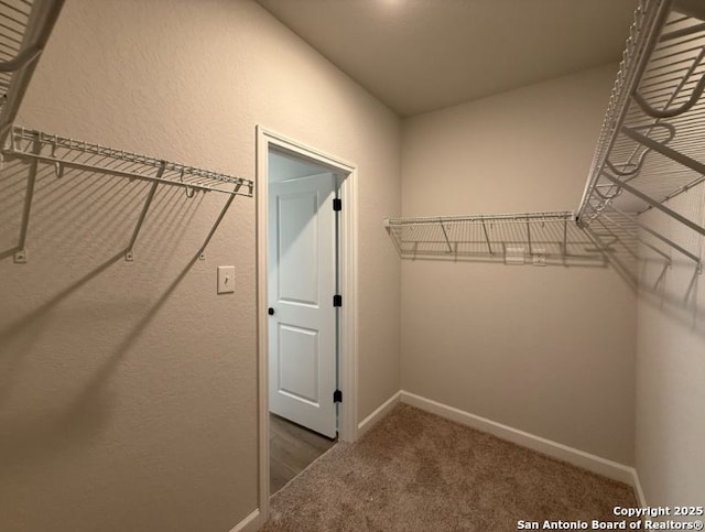 spacious closet with dark colored carpet