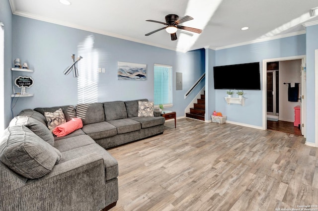 living room with light hardwood / wood-style floors, ceiling fan, and ornamental molding