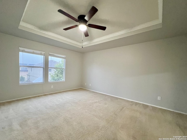 carpeted spare room featuring ceiling fan, a raised ceiling, and crown molding