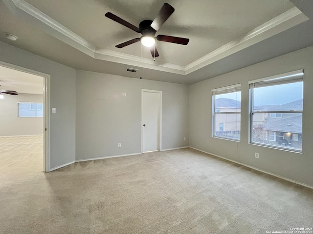 spare room featuring a raised ceiling, ornamental molding, and light carpet