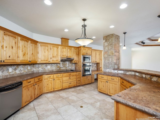 kitchen featuring decorative light fixtures, light tile patterned floors, decorative backsplash, and appliances with stainless steel finishes