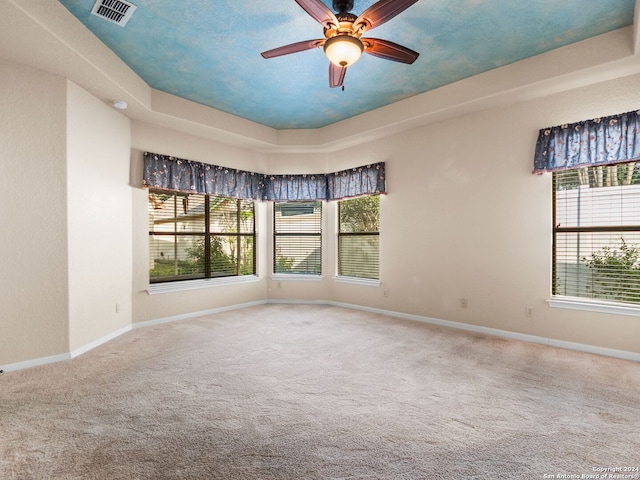 unfurnished room featuring a raised ceiling, ceiling fan, plenty of natural light, and carpet floors