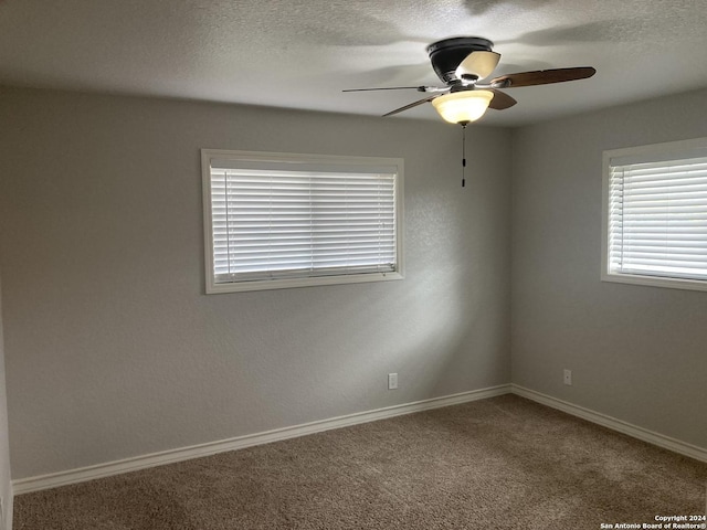 empty room featuring ceiling fan, carpet, and a textured ceiling