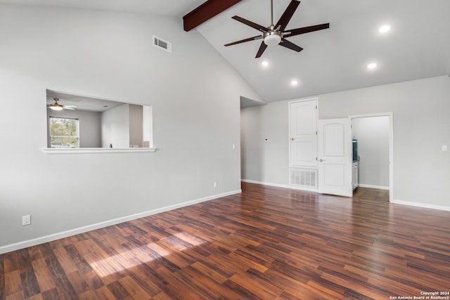 empty room featuring beam ceiling, ceiling fan, dark hardwood / wood-style flooring, and high vaulted ceiling