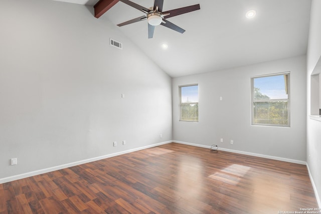 unfurnished room featuring beam ceiling, ceiling fan, and hardwood / wood-style floors